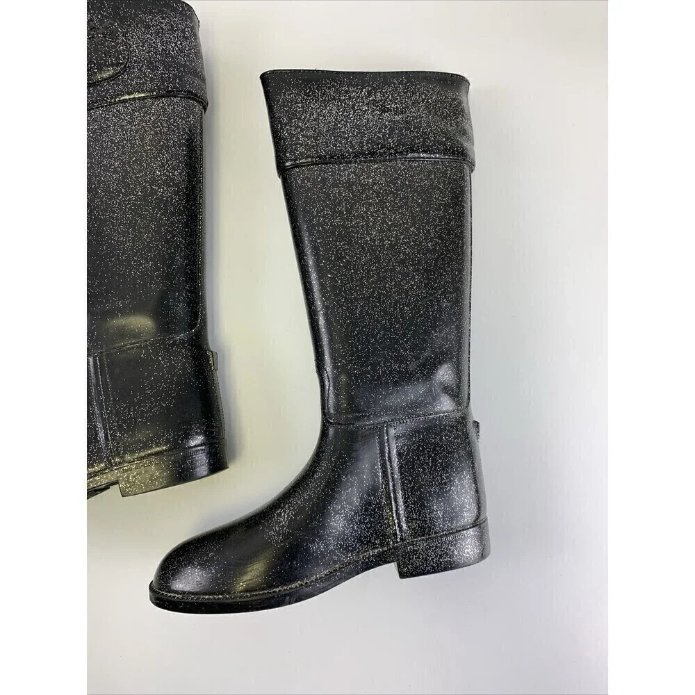 BOGO Hello Kitty Angelina Shimmer Rain Boots Black Glitter Pull On Knee High 6